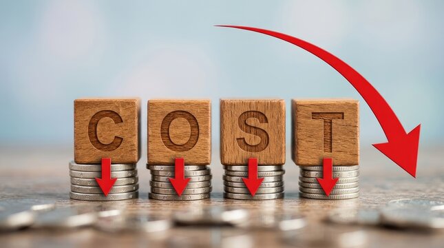 Cost reduction concept wooden blocks on coin stacks with downward arrow