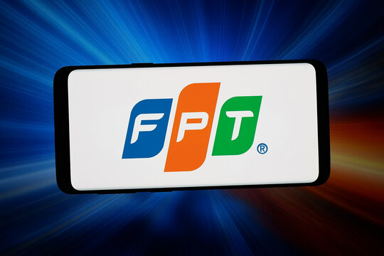 Stuttgart, Germany - 06-17-2026: In this photo illustration, the logo of information technology company FPT Corporation is displayed on a smartphone in front of abstract background on computer screen.