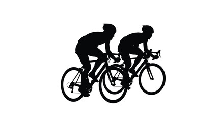Fototapeta premium Two cyclists riding bicycles black silhouette against a white background