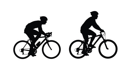 Fototapeta premium Two Cyclists Riding Bicycles On White Background Black Silhouette