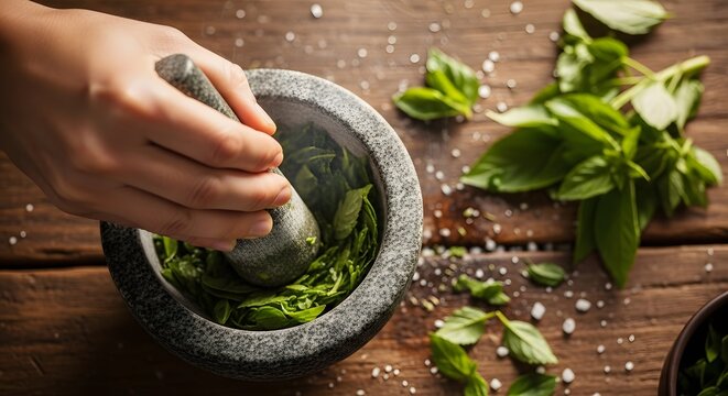 Fresh green herbs preparation and culinary arts. Organic cooking and healthy lifestyle. Hand using a stone mortar and pestle to crush fresh green basil leaves on a rustic wooden table