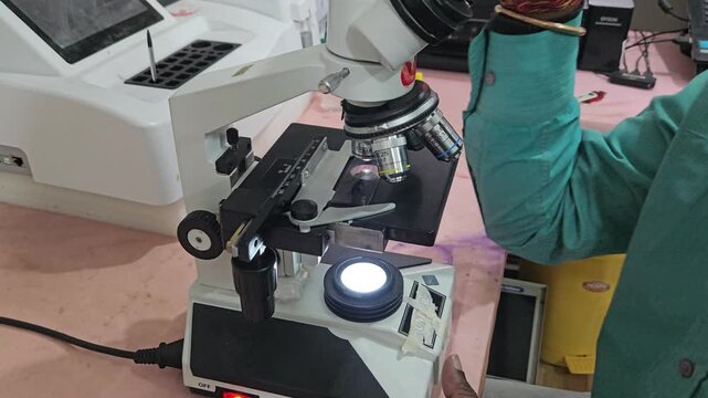 Scientist examining laboratory sample using optical microscope in modern research laboratory. Researcher focusing on microscopic analysis, scientific observation, laboratory diagnostics