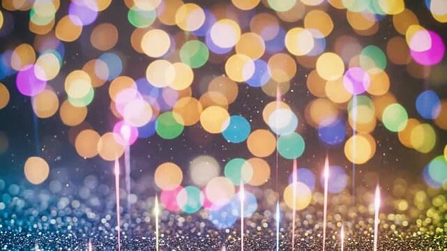 Abstract festive background with colorful bokeh lights and shimmering glitter particles
