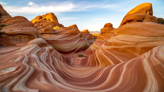 Colorful sandstone rock formations with swirling patterns in dramatic desert landscape under blue sky