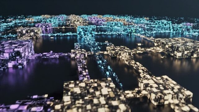 A futuristic cityscape at night showcases a digital payment network and financial technology infrastructure.