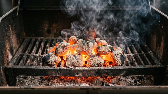 Hot glowing charcoal briquettes burning in a barbecue grill