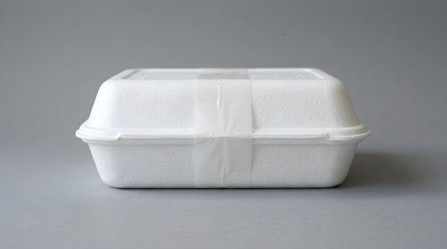 Closed white styrofoam food container sealed with tape isolated on grey background