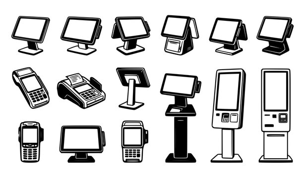 Point of Sale POS Terminal and Self Service Kiosk Icon Set with Cashier Registers Credit Card Reader Machines for Retail Business Software Designs