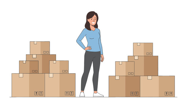 Female logistics coordinator standing confidently between large piles of cardboard boxes ready for shipment in a warehouse setting.