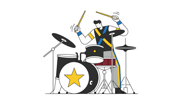 Talented musician playing the drums with energy and passion during a lively performance on stage with musical equipment and rhythm.