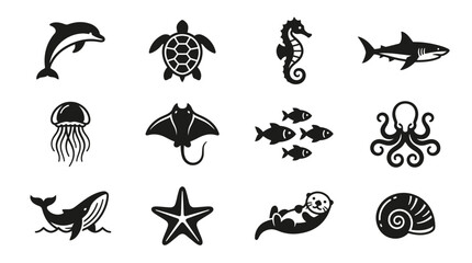 Black and white sea creatures icons 1. © pratama yudi