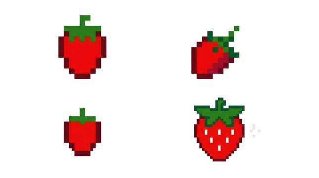 Pixel art illustrations of strawberries in various cartoon styles and angles.