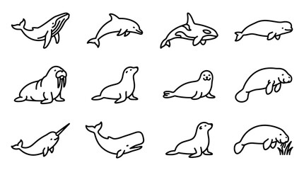 Marine Mammals Sea Creatures Line Drawings. © pratama yudi