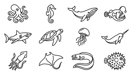 Marine animals illustrations set ocean creatures. © pratama yudi