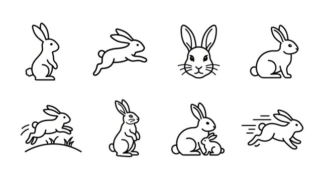 Collection of hand-drawn cartoon rabbits in various playful poses and activities.