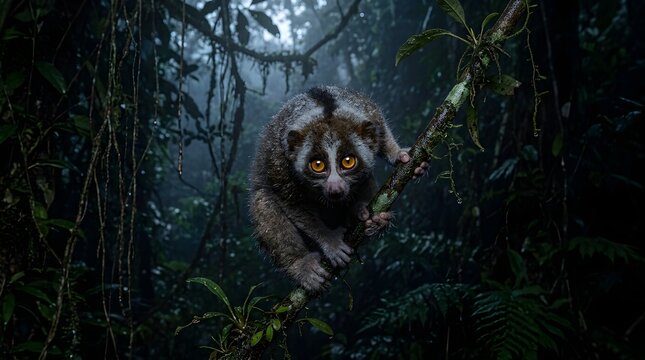 ​Close-up portrait of a slow loris perched on a branch in a dark tropical rainforest
