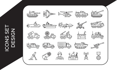 Naklejka premium Military Missile Launcher and Radar Truck Line Icon Set, Military and Army Vehicles Line Icon Set, Military Vehicles and Weapons Line Art Elements Collection, Missile Launcher Military Vehicle Icons S