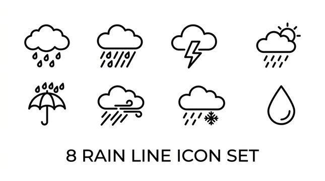 Collection of Eight Weather and Rain Themed Line Icons for Design Projects.