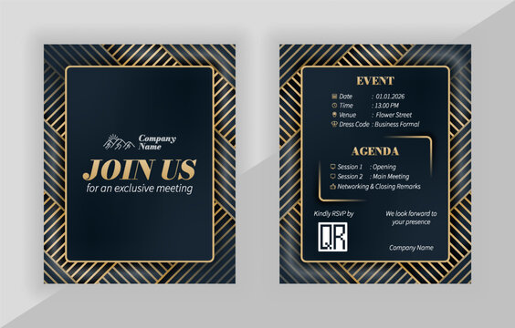 Luxury corporate event invitation template with charcoal and gold vector design and join us lettering, can be used as printable card for company anniversary, gala dinner, or executive celebration