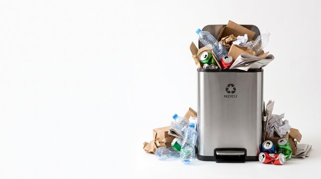Full recycling bin overflowing with plastic bottles paper and metal cans