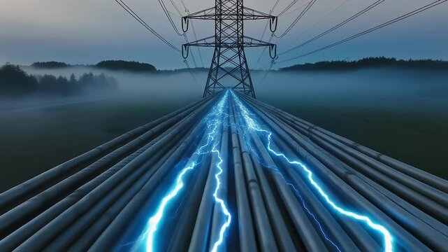Blue electricity flowing on pipelines toward power tower in fog
