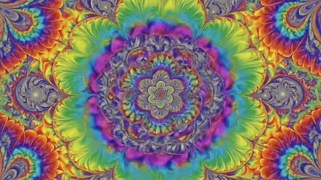 Vibrant rainbow fractal mandala with intricate floral patterns and psychedelic colors