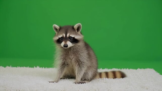 Curious raccoon sits and looks around on white surface with green background during daytime
