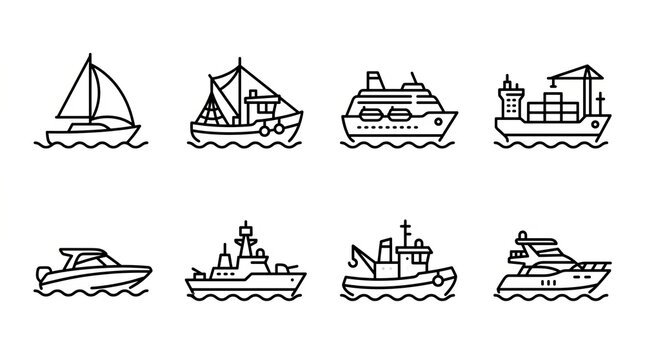 Collection of various types of boats and ships illustrated in black and white.