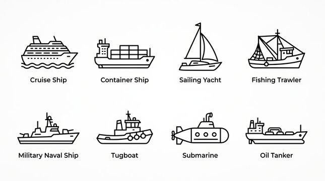 Vector illustration of various types of ships and boats for maritime transport.