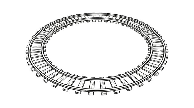 Minimalist monochrome illustration of a symmetric circular railway track design forming an endless loop on a clean white background, depicting transport geometry and rhythmic rail paths.