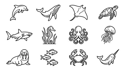 Fototapeta premium Marine animals illustrations set.