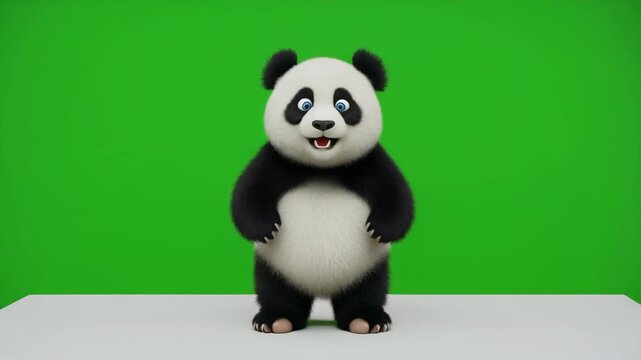 Cute cartoon panda character performing various poses against a green screen background for animation projects