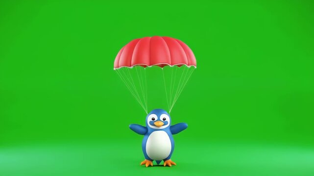 Cute cartoon penguin parachuting down in a lively green screen environment with vibrant red canopy
