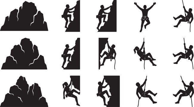 A set of black silhouettes featuring people rock climbing and rappelling on a white background, including mountain peaks and diverse also transparent background