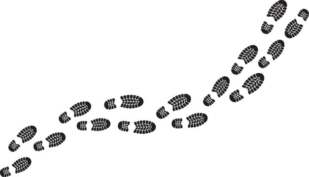 Black and white showing a trail of human footprints walking across a clean white background, representing travel, path, or direction also transparent background
