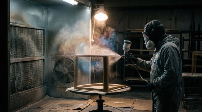Furniture Spray Booth with Worker Applying Paint in a Dimly Lit Industrial Setting Featuring Painting, Workshop, Protective Gear with Mask and Gloves