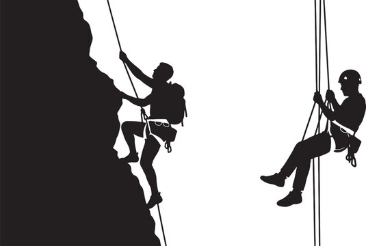 Silhouette of two rock climbers on a steep mountain cliff, one climbing up and one rappelling down with ropes, isolated on a white also transparent background