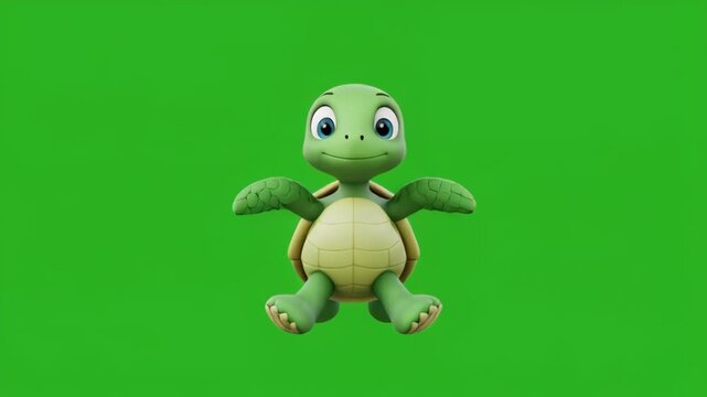 Cute cartoon turtle sitting on green screen background with black bars cinematic motion