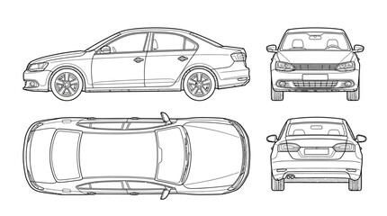 Technical automotive sedan car vehicle blueprints featuring line art outline drawings showing profile side front rear back and top views isolated on white background for engineering design