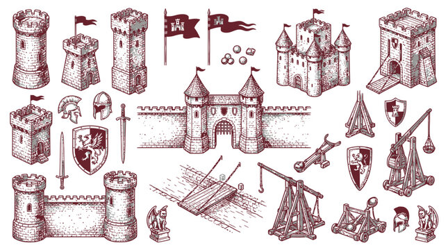 Comprehensive collection of medieval castle architectural elements for video game development and fantasy world building, featuring stone towers, walls, and gates isolated on white background.