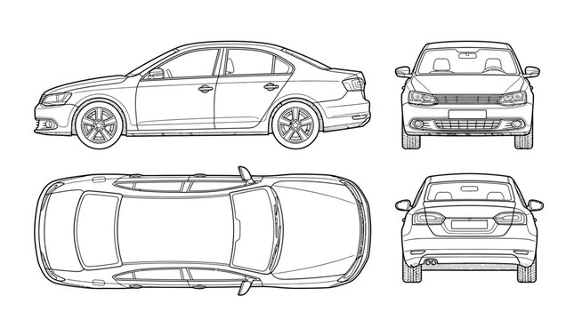 Technical automotive sedan car vehicle blueprints featuring line art outline drawings showing profile side front rear back and top views isolated on white background for engineering design