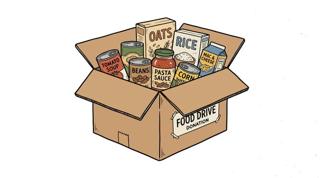 Cartoon illustration of a cardboard donation box filled with various non-perishable food items like canned goods and jars for charity relief and social assistance programs