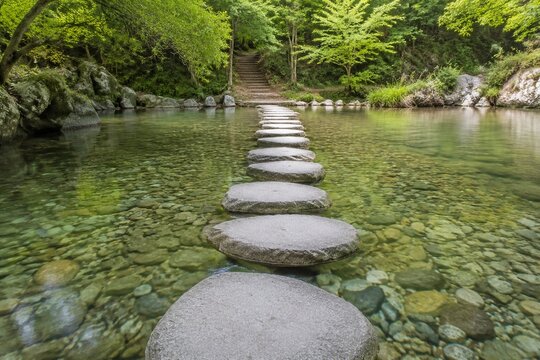 Clear stream with flat stepping stones and smooth pebbles beneath.