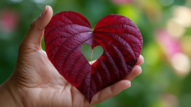 Closeup of hand holding heart-shaped red leaf with cutout heart for romantic card background and banner design
