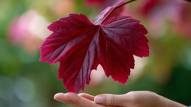 Hand offering large red leaf with heart-shaped contour for romantic background and natural banner or poster design