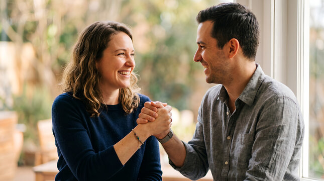 Gentle handshake turning into smile between two people, warm natural light, blurred plain background, emotional friendship and trust concept