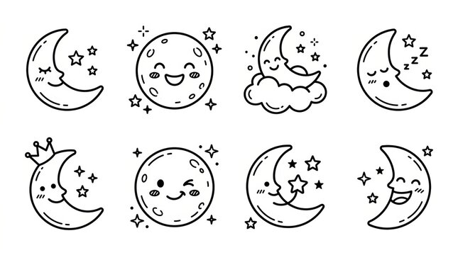 Charming collection of cute cartoon moons and stars with happy expressions for nighttime themes