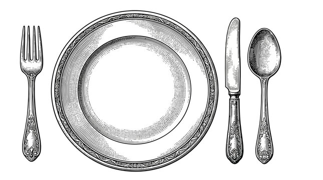 Antique hand drawn engraving of a classic dining table setting featuring an ornate plate ceramic dish with cutlery including sharp steel knife metal fork and silver spoon isolated on white