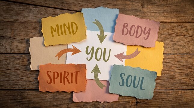 Interconnected concepts of mind, body, spirit, and soul surrounding 'YOU' on crumpled paper notes on a wooden background.