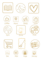Minimalist gold line art sticker set for planner, organization, and wellness © MDolores